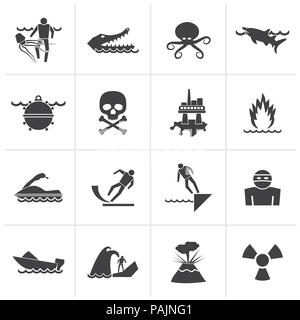 Black Warning Signs for dangers in sea, ocean, beach and rivers - vector icon set 1 Stock Vector