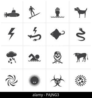 Black Warning Signs for dangers in sea, ocean, beach and rivers - vector icon set 2 Stock Vector