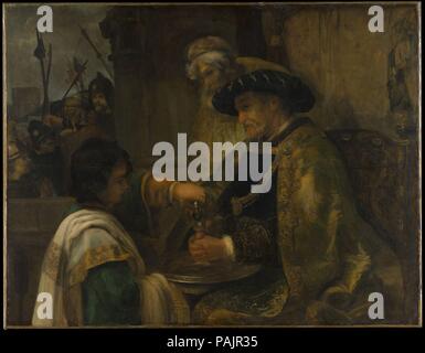 Pilate Washing His Hands. Artist: Style of Rembrandt (Dutch, 17th century). Dimensions: 51 1/4 x 65 3/4 in. (130.2 x 167 cm). Date: probably 1660s.  Critical opinions of this picture have varied considerably since about 1905, when Wilhelm von Bode described it as "a somewhat abnormal work" by Rembrandt. However, most scholars since the 1940s have dated the painting to the 1660s and assigned it to an anonymous pupil. The composition is reminiscent of mature works by Rembrandt but the Rembrandtesque surface effects fail to convey anything like the master's command of illumination and modelling.  Stock Photo