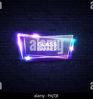 Neon lights sign with glass plate. Glowing background on brick texture wall. Electricity effect. Electric led lights banner. Sparkles frame. Bright signboard design. Abstract night vector illustration Stock Vector