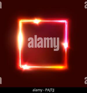 Geometric neon lights signage. Bright glowing square shape on dark red backdrop. Realistic electric power luxury sign. Rectangle electricity graphic border Neon abstract background vector illustration Stock Vector