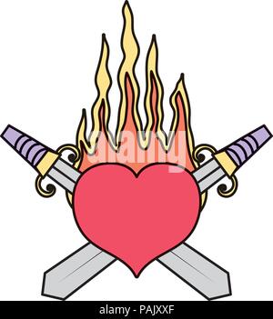 color swords weapon inside heart with passion fire Stock Vector