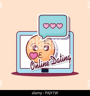 Online dating design with tablet and kiss emoji and speech bubble over orange background, colorful design. vector illustration Stock Vector