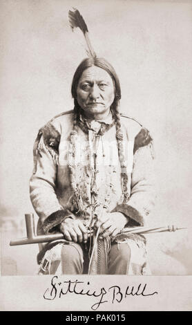 Sitting Bull born circa 1831-1890. Hunkpapa Lakota Sioux holy man.  After a portrait on a 19th century cabinet card. Facsimile of his signature beneath portrait. Stock Photo