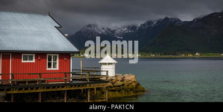 Red hut near  Kabelvag, in the Lofoten Islands, Norway. Stock Photo