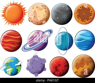 Set of planets and moons illustration Stock Vector