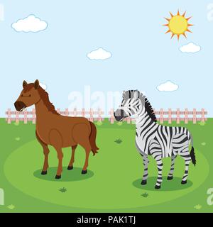 Zebra and horse in nature illustration Stock Vector