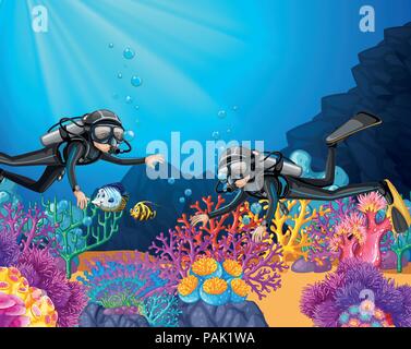 Scuba diving in deep ocean illustration Stock Vector