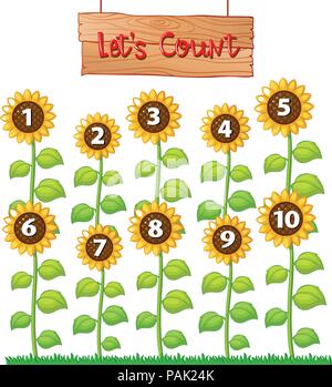 Lets count poster with sunflowers illustration Stock Vector