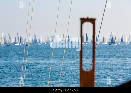 A general view of the start line from the Royal Yacht Squadron Castle in Cowes at the start of the 87th annual Round The Island Race. The world famous Stock Photo