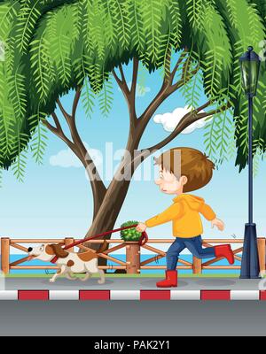 Young boy walking his dog illustration Stock Vector
