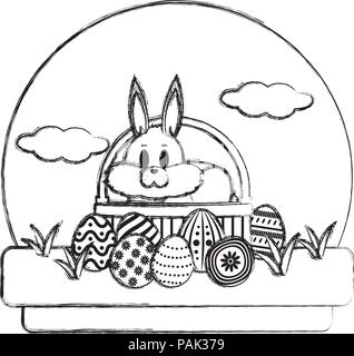 grunge rabbit inside hamper with eggs easter decoration Stock Vector