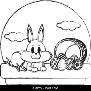 grunge rabbit lying and hamper with eggs easter Stock Vector