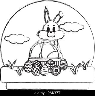 grunge rabbit with hamper and eggs easter decoration Stock Vector