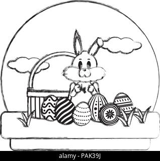 grunge rabbit standing with hamper and eggs easter Stock Vector