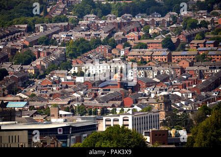 rooftop solar panels and a large muslim mosque make uo the skyline of Blackburn town centre  in Lancashire Stock Photo