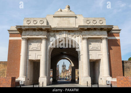 The Menin Gate, Ypres, Belgium with a view through the archway to the village of Ypres Stock Photo