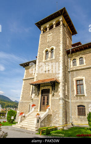 Cantacuzino Castle tower built in neo romanian architectural style in the Busteni Mountains in Romania Stock Photo