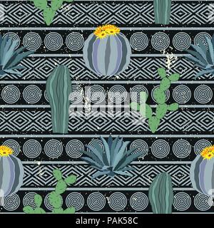 Seamless geometric pattern with cactuses. Colorful mexican theme ornament. Vector background Stock Vector