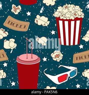 Seamless pattern with popcorn, soda and 3D glasses Stock Vector