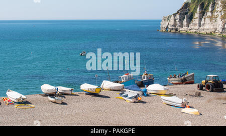 Beer, Seaton, Devon, UK. 24th July 2018.  UK Weather: Baking hot sunshine and blue sky in Beer.  The beach is quiet in picturesque devon fishing village of Beer as the summer heat intensifies across the UK. Credit: Celia McMahon/Alamy Live News Stock Photo