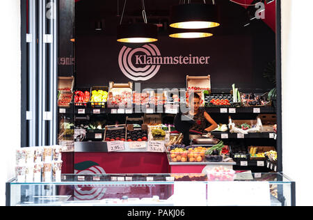 Bolzano. 23rd July, 2018. Photo taken on July 23, 2018 shows a grocery shop in Bolzano, north Italy. Bolzano is located in the Trentino-Alto Adige region. It was once a stop on the coach route between Italy and the flourishing Austro-Hungarian Empire. The city is blended with cultures. Thanks to the cool weather, Bolzano attracts lots of tourists during summer time. Credit: Jin Yu/Xinhua/Alamy Live News Stock Photo