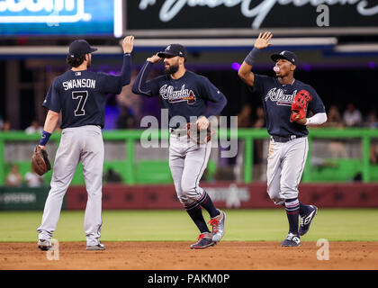 The Braves' Dansby Swanson high fives teammates prior to a game against the  Arizona Diamondbacks on Monday, Aug…