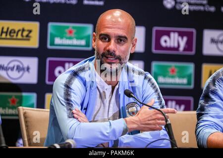 New York, USA. 24th July, 2018. Pep Guardiola coach of Manchester City during press service at the JW Marriott Essex House hotel in New York City in the United States on Tuesday, 24th. Tomorrow the team faces Liverpool by the International Cup. (PHOTO: VANESSA CARVALHO/BRAZIL PHOTO PRESS) Credit: Brazil Photo Press/Alamy Live News Stock Photo