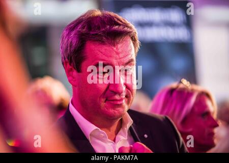 Munich, Bavaria, Germany. 24th July, 2018. The Minister-President of Bavaria MARKUS SODER (MARKUS SÃ-DER) made an appearance at the Lange Nacht der Frauen Union (Long Night of the Womens' Union) at the CSU-Landesleitung. Soder has become a devisive figure in Bavaria and Germany due to the institution of policies including the hanging of crosses in public offices. ying that asylum seekers have vacation-like conditions while on the run and after arriving in Germany. In contrast, Credit: ZUMA Press, Inc./Alamy Live News Stock Photo