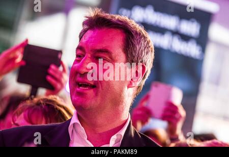 Munich, Bavaria, Germany. 24th July, 2018. The Minister-President of Bavaria MARKUS SODER (MARKUS SÃ-DER) made an appearance at the Lange Nacht der Frauen Union (Long Night of the Womens' Union) at the CSU-Landesleitung. Soder has become a devisive figure in Bavaria and Germany due to the institution of policies including the hanging of crosses in public offices. ying that asylum seekers have vacation-like conditions while on the run and after arriving in Germany. In contrast, Credit: ZUMA Press, Inc./Alamy Live News Stock Photo
