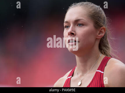 Nuremberg, Germany. 21st July, 2018. Track and Field, German Championships, 100m Women. Gina Lückenkemper is happy after the heat. Credit: Sven Hoppe/dpa/Alamy Live News Stock Photo
