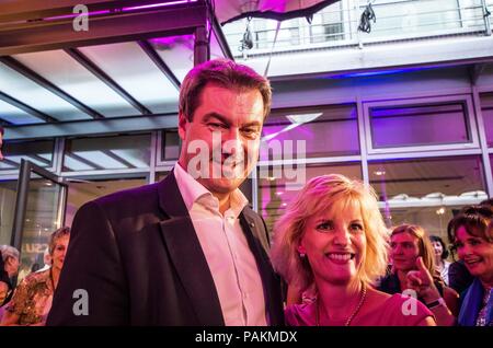 Munich, Bavaria, Germany. 24th July, 2018. The Minister-President of Bavaria MARKUS SODER (MARKUS SÃ-DER) takes selfies with members of the CSU Frauen Union. The Minister-President of Bavaria MARKUS SODER (MARKUS SÃ-DER) made an appearance at the Lange Nacht der Frauen Union (Long Night of the Womens' Union) at the CSU-Landesleitung. Soder has become a devisive figure in Bavaria and Germany due to the institution of policies including the hanging of crosses in public offices. Credit: ZUMA Press, Inc./Alamy Live News Stock Photo