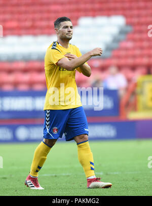 London UK 24th July 2018 - Jake Forster-Caskey of Charlton during the pre season friendly football match between Charlton Athletic and Brighton and Hove Albion  at The Valley stadium  Photograph taken by Simon Dack Credit: Simon Dack/Alamy Live News - Editorial Use Only Stock Photo