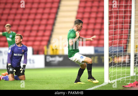 London UK 24th July 2018 - Pascal Gross of Brighton scores the first goal from close range during the pre season friendly football match between Charlton Athletic and Brighton and Hove Albion  at The Valley stadium  Photograph taken by Simon Dack Credit: Simon Dack/Alamy Live News - Editorial Use Only Stock Photo