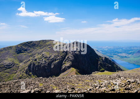 Looking towards Scafell's Broad Stand & Scafell Crag across Mickledore from Scafell Pike in Lake District National Park mountains. Cumbria England UK Stock Photo