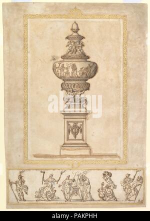 Study of an Urn; Study for the Frieze Decoration around the Urn. Artist: Edward Pierce (Pearce) II (British, London ca. 1635-ca. 1695 London). Dimensions: sheet: 14 x 9 7/16 in. (35.5 x 24 cm)  sheet: 3 5/16 x 13 3/8 in. (8.4 x 33.9 cm)  overall mount: 20 3/8 x 14 1/8 in. (51.8 x 35.8 cm). Date: ca. 1690.  The son of a decorative painter, Edward Pierce the younger pursued a career as sculptor and architect, modeling busts of Oliver Cromwell (1672) and Sir Christopher Wren (1673), then working on city churches designed by the latter following the Great Fire of London. Pierce himself designed th Stock Photo