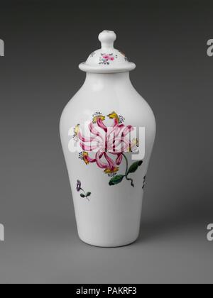 Covered Vase. Culture: British. Dimensions: 9 1/2 × 4 5/16 × 4 5/16 in. (24.1 × 11 × 11 cm). Date: ca. 1760. Museum: Metropolitan Museum of Art, New York, USA. Stock Photo