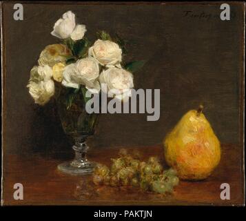 Still Life with Roses and Fruit. Artist: Henri Fantin-Latour (French, Grenoble 1836-1904 Buré). Dimensions: 13 5/8 x 16 3/8 in. (34.6 x 41.6 cm). Date: 1863.  In this early painting, which is interesting for its slightly eccentric, off-balance composition, Fantin had yet to achieve the extraordinary realism associated with his still lifes of the mid- to late 1860s. However, his eye for subtle color harmonies was already well-developed, as evident in the juxtaposition of the pinkish-white Malmaison roses, purple-tinged grapes, and golden pear. Museum: Metropolitan Museum of Art, New York, USA. Stock Photo