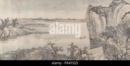 Landscape in the Style of Juran and Yan Wengui. Artist: Wang Hui (Chinese, 1632-1717). Culture: China. Dimensions: Image: 12 1/4 x 158 3/8 in. (31.1 x 402.3 cm)  Overall with mounting: 12 7/8 x 359 1/8 in. (32.7 x 912.2 cm). Date: Dated 1713.  At the age of eighty, Wang Hui continued to find inspiration for his paintings in the styles of the ancients. On an album leaf in the National Palace Museum, Taipei, dated 1713, he wrote that his sixty years of studying and emulating old masters had passed like a single day. In autumn of the same year, he painted this handscroll, which combines the dispa Stock Photo