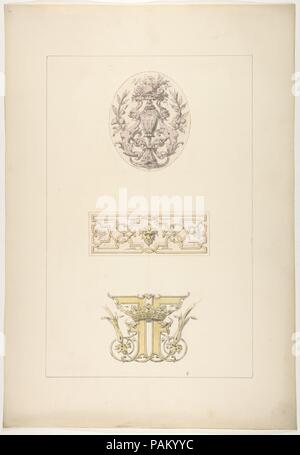 Two designs for decorative panels and one design for an ornamental monogram with a crown and the initials:  FF. Artist: Jules-Edmond-Charles Lachaise (French, died 1897); Eugène-Pierre Gourdet (French, born Paris, 1820-1889). Dimensions: sheet: 19 1/2 x 13 3/8 in. (49.5 x 33.9 cm). Date: 1830-97. Museum: Metropolitan Museum of Art, New York, USA. Stock Photo