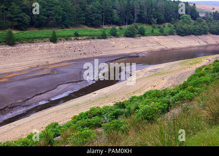 Low Water levels in the Howden Reservoir in the Upper Derwent Valley in the Peak District of Derbyshire July 2018 Stock Photo