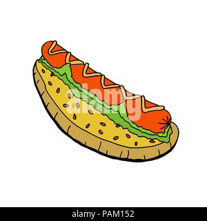 Hot dog with mustard. Hand drawn vector Illustration. Stock Vector