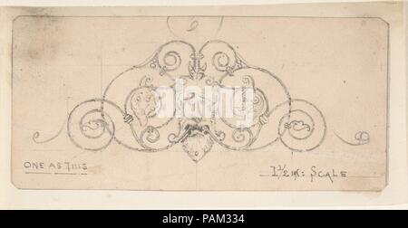 Wrought Metal Foliate Ornament with Grotesque Masks. Artist: Anonymous, British, 19th century. Dimensions: sheet: 2 5/8 x 5 9/16 in. (6.6 x 14.2 cm). Date: 1870-90. Museum: Metropolitan Museum of Art, New York, USA. Stock Photo