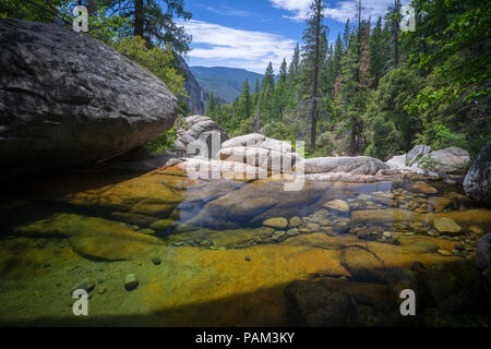Boulders and pine trees surround this mountain stream pool along Big Oak Flat Road - Highway 120 in Yosemite National Park Stock Photo