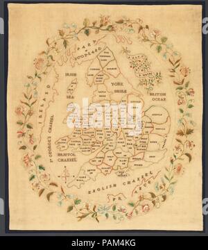 Map sampler. Culture: British. Dimensions: H. 22 1/2 x W. 19 1/4 inches (57.2 x 48.9 cm). Date: 1835.  Working an embroidered maps such as this sampler became part of a young girl's education, starting in the 1770s, and continuing until about the 1840s. The map of England and Wales was so popular that printed versions were available to be stitched, which slightly reduces the potential for learning geography, while retaining the importance of practicing neat embroidery. This example that had the name and the maker written on the frame, is quite late. But the polychrome embroidery on a fine wool Stock Photo