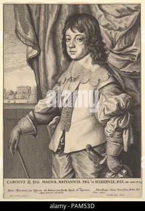 Charles II. Artist: Wenceslaus Hollar (Bohemian, Prague 1607-1677 London). Dimensions: Sheet: 9 7/8 × 7 1/8 in. (25.1 × 18.1 cm)  cut within platemark. Sitter: Charles, Prince of Wales (London 1630-1685 London). Date: 1649.  Portrait of Charles II as a boy, three-quarter length, standing, wearing collar, coat and sword, leaning on baton and holding hat; curtain in background to right, and view of the banqueting hall in Whitehall, trees and figures in distance to left; after Van Dyck. Museum: Metropolitan Museum of Art, New York, USA. Stock Photo