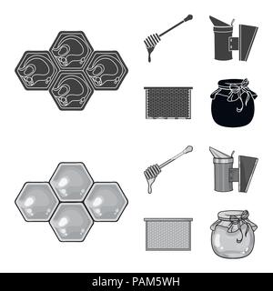 A frame with honeycombs, a ladle of honey, a fumigator from bees, a jar of honey.Apiary set collection icons in black,monochrom style vector symbol st Stock Vector