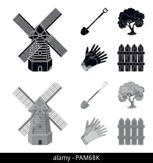 A shovel with a handle, a tree in the garden, gloves for working on a farm, a wooden fence. Farm and gardening set collection icons in black,monochrom Stock Vector
