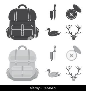 Knife with a cover, a duck, a deer horn, a compass with a lid.Hunting set collection icons in black,monochrom style vector symbol stock illustration . Stock Vector