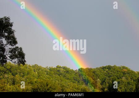 A vibrant and colorful double rainbow over trees in Tennessee during a summer light rain Stock Photo